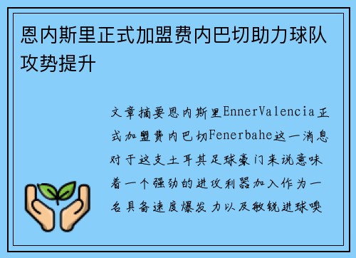 恩内斯里正式加盟费内巴切助力球队攻势提升